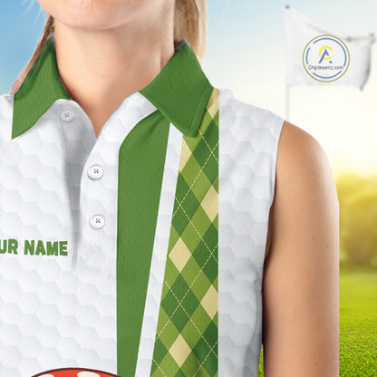 Funny Cartoon Mushroom Sleeveless Womens Golf Polo Shirt White Argyle Green Pattern Golf Shirt NHT890