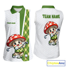 Load image into Gallery viewer, Funny Cartoon Mushroom Sleeveless Womens Golf Polo Shirt White Argyle Green Pattern Golf Shirt NHT890