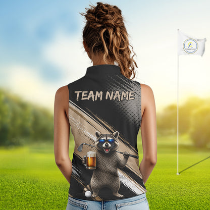 Funny Raccoon Golf Polo Shirt Custom Name Golf Beer Polo Gift For Women Black Beige Golf Jersey NHT891