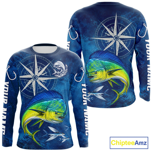 Mahi Mahi Fishing Shirt Long Sleeve Gift For Men – Deep Sea Angler Ocean Compass Design