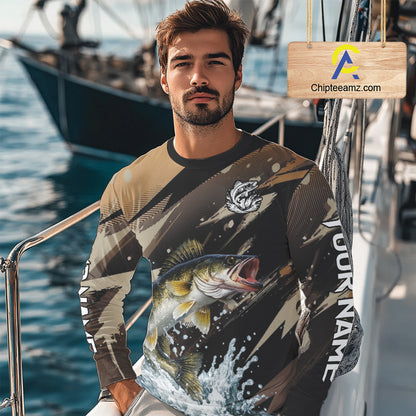 Brown Camo Walleye Fishing Shirts Long Sleeve, Custom Walleye Performance Fishing Apparel NHT459
