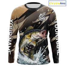 Load image into Gallery viewer, Brown Camo Walleye Fishing Shirts Long Sleeve, Custom Walleye Performance Fishing Apparel NHT459