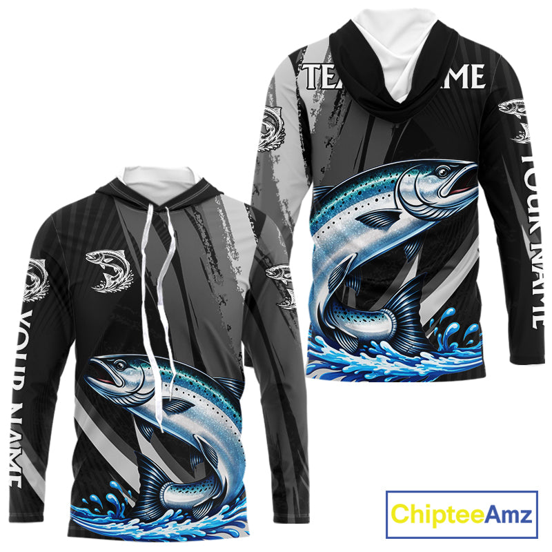 Personalized Black Camo Chinook Salmon Fishing Jerseys, Salmon Long Sleeve Hooded Fishing Shirts  NHT463