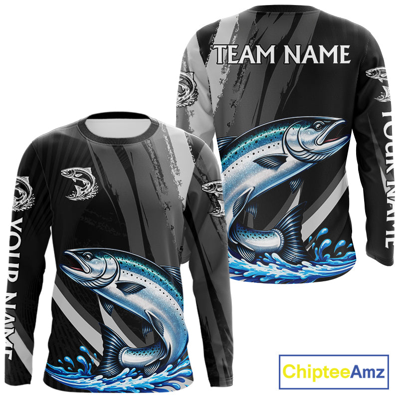Personalized Black Camo Chinook Salmon Fishing Jerseys, Salmon Long Sleeve Fishing Shirts NHT463