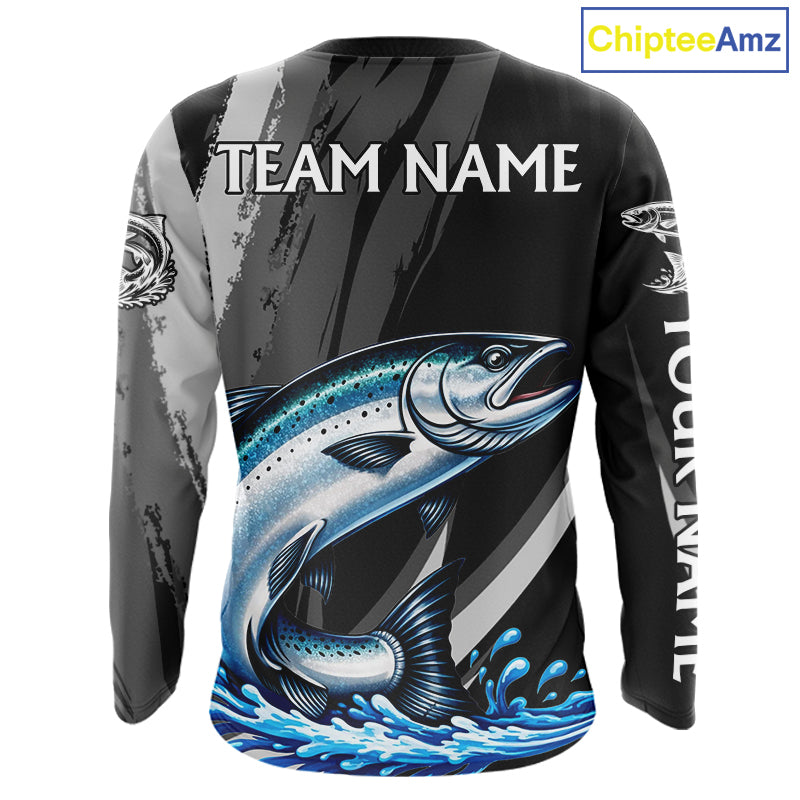 Personalized Black Camo Chinook Salmon Fishing Jerseys, Salmon Long Sleeve Fishing Shirts NHT463