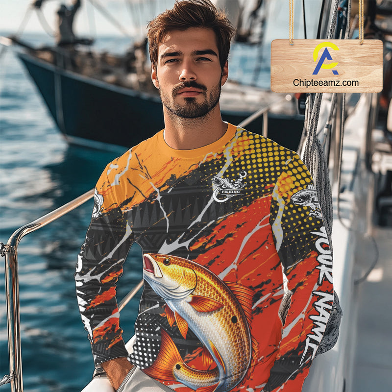 Personalized Redfish Fishing Jerseys, Red Drum Saltwater Tournament Fishing Shirts NHT464
