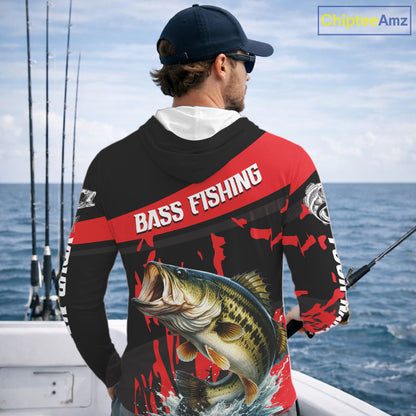 Custom Largemouth Bass Fishing Jerseys, Largemouth Bass Hooded Fishing Shirts Long Sleeve For Men|Red NHT725