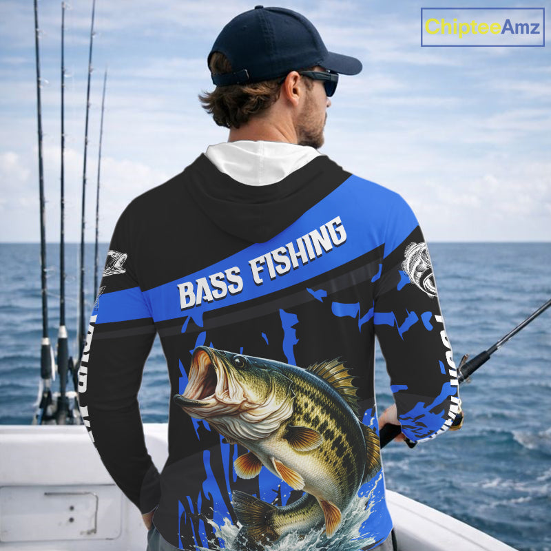 Custom Largemouth Bass Fishing Jerseys, Largemouth Bass Hooded Fishing Shirts Long Sleeve For Men|Blue NHT726
