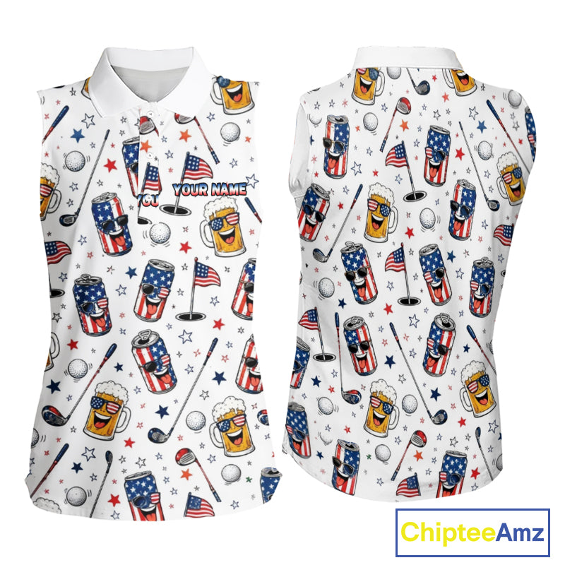 Custom Patriotic Womens Sleeveless Golf Polo Shirt With Beer Print – Personalized USA Golf Team Polo 