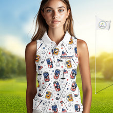 Load image into Gallery viewer, Custom Patriotic Womens Sleeveless Golf Polo Shirt With Beer Print – Personalized USA Golf Team Polo 