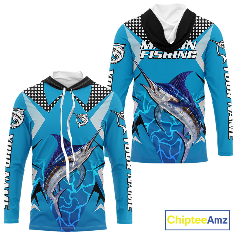 Marlin Fishing Blue Camo Custom Name Long Sleeve, Long Sleeve Fishing Shirt For Men NHT465