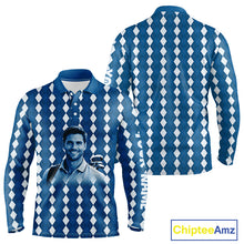 Load image into Gallery viewer, Mens Golf Polo Shirt Custom Photo Face Blue Argyle Plaid Pattern, Father's Day Golfing Gifts NHT742