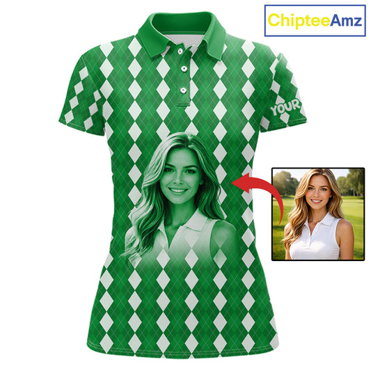 Womens Golf Polo Shirt Custom Photo Face Green Argyle Plaid Pattern, Mother's Day Golfing Gifts NHT743