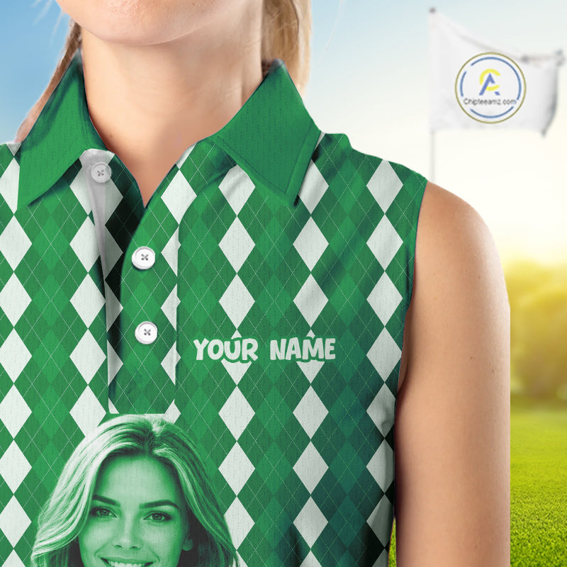 Sleeveless Womens Golf Polo Shirt Custom Photo Face Green Argyle Plaid Pattern, Mother's Day Golfing Gifts NHT743