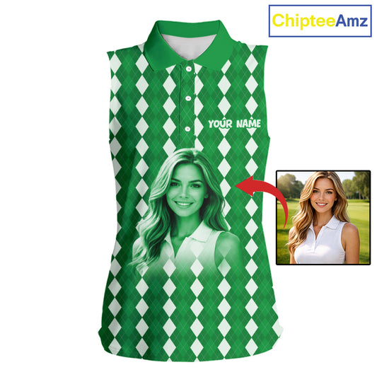 Sleeveless Womens Golf Polo Shirt Custom Photo Face Green Argyle Plaid Pattern, Mother's Day Golfing Gifts NHT743