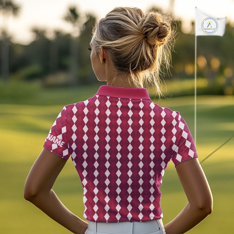 Womens Golf Polo Shirt Custom Photo Face Pink Argyle Plaid Pattern, Mother's Day Golfing Gifts NHT744