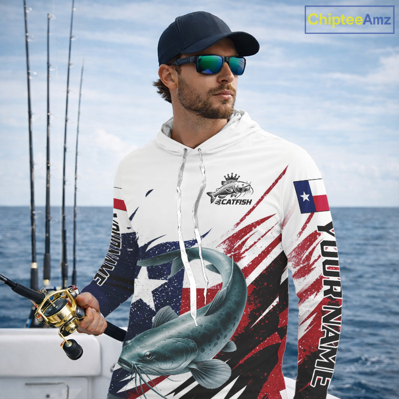 Custom Texas Flag Catfish Fishing Shirts, Texas Catfish Fishing Shirts Long Sleeve Hooded For Team NHT912