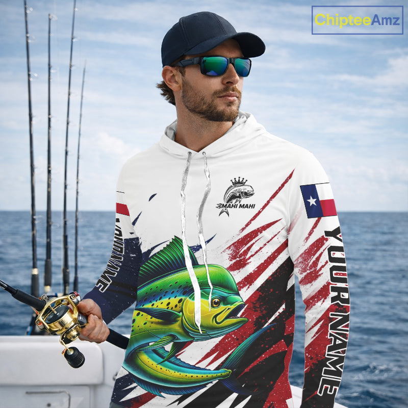 Custom Texas Flag Mahi Mahi Fishing Shirts, Texas Dolphin Fishing Shirts Long Sleeve Hooded For Team NHT915