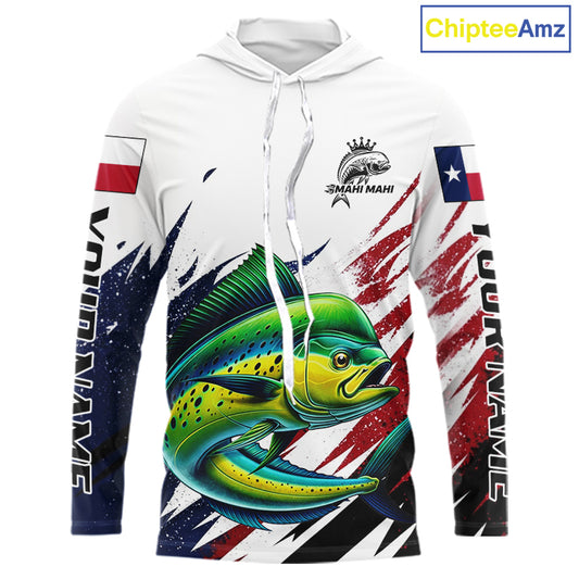 Custom Texas Flag Mahi Mahi Fishing Shirts, Texas Dolphin Fishing Shirts Long Sleeve Hooded For Team NHT915