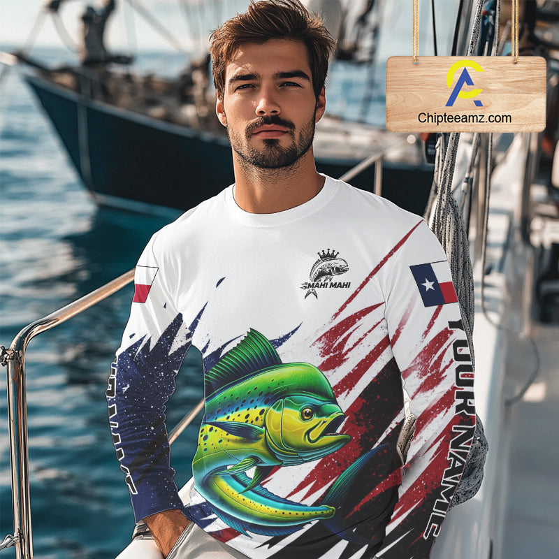 Custom Texas Flag Mahi Mahi Fishing Shirts, Texas Dolphin Fishing Shirts Long Sleeve For Team NHT915