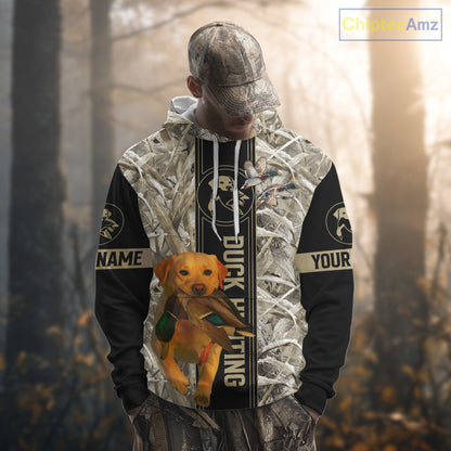 Yellow Lab Mallard Duck Hunting Winter Camo 3D Shirt, Custom Name Waterfowl Hunting Clothes NHT232
