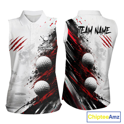 Front and back views of a sleeveless white polo shirt with a golf-themed graphic print. The design features black and red paint splatters, three white golf balls, skull graphics, and customizable text placeholders reading 'TEAM NAME' and 'YOUR NAME'.