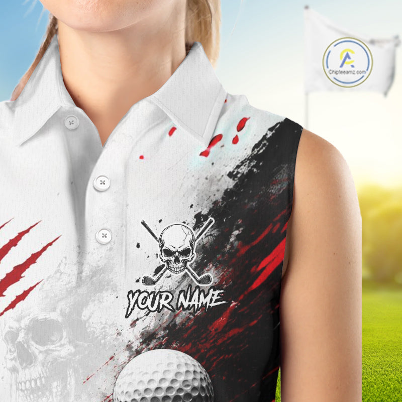 A sleeveless white polo shirt with a custom golf-themed graphic print featuring a skull and crossbones, red paint splatters, a golf ball, and the text 'YOUR NAME'. The shirt is modeled on a person against a blurred background of a golf course.