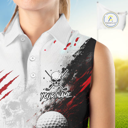 A sleeveless white polo shirt with a custom golf-themed graphic print featuring a skull and crossbones, red paint splatters, a golf ball, and the text 'YOUR NAME'. The shirt is modeled on a person against a blurred background of a golf course.