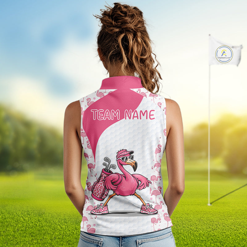 Funny Pink Flamingo Golf Womens Sleeveless Polo Shirt Custom Pink And White Golf Shirt For Team NHT545