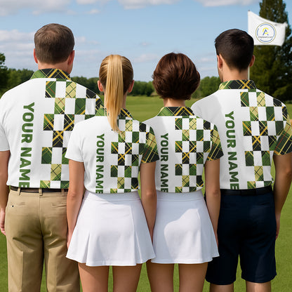 Personalized Green Tartan Plaid Mens Golf Polo Shirt, Custom Name Golf Shirt For Team NHT553