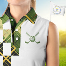 Load image into Gallery viewer, Personalized Green Tartan Plaid Womens Sleeveless Golf Polo Shirt, Custom Name Golf Shirt For Team  NHT553