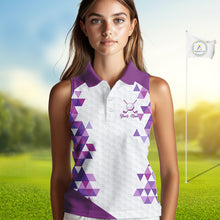 Load image into Gallery viewer, Custom Purple Geometric Womens Sleeveless Golf Polo Shirt, Personalized Team Name Golf Polo Shirt NHT554
