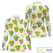 Load image into Gallery viewer, Funny Cactus Flower Pattern Womens Golf Polo Shirt, Cute Cartoon Plant Shirt Personalized, Colorful Succulent Shirt NHT556