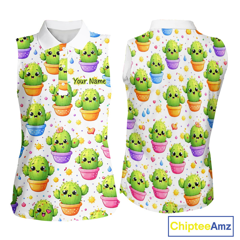 Funny Cactus Flower Pattern Womens Sleeveless Golf Polo Shirt, Cute Cartoon Plant Shirt Personalized, Colorful Succulent Shirt NHT556