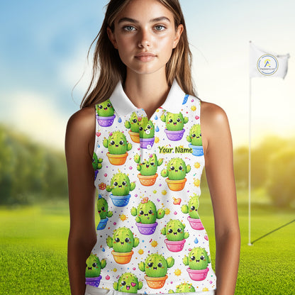 Funny Cactus Flower Pattern Womens Sleeveless Golf Polo Shirt, Cute Cartoon Plant Shirt Personalized, Colorful Succulent Shirt NHT556