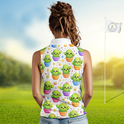 Funny Cactus Flower Pattern Womens Sleeveless Golf Polo Shirt, Cute Cartoon Plant Shirt Personalized, Colorful Succulent Shirt NHT556