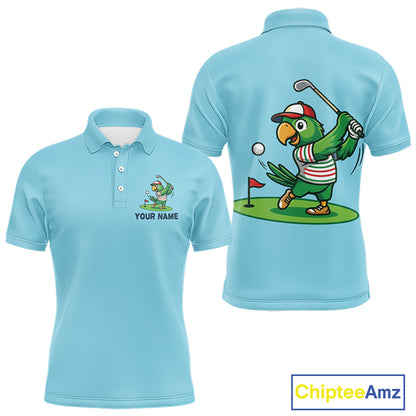 Personalized Mens Golf Polo Shirt Custom Name Funny Green Parrot Design|Blue 