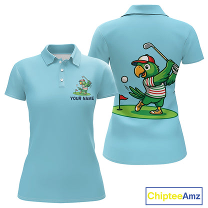 Personalized Womens Golf Polo Shirt Custom Name Funny Green Parrot Design|Blue 