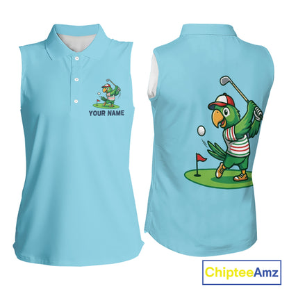 Personalized Womens Sleeveless Golf Polo Shirt Custom Name Funny Green Parrot Design|Blue 