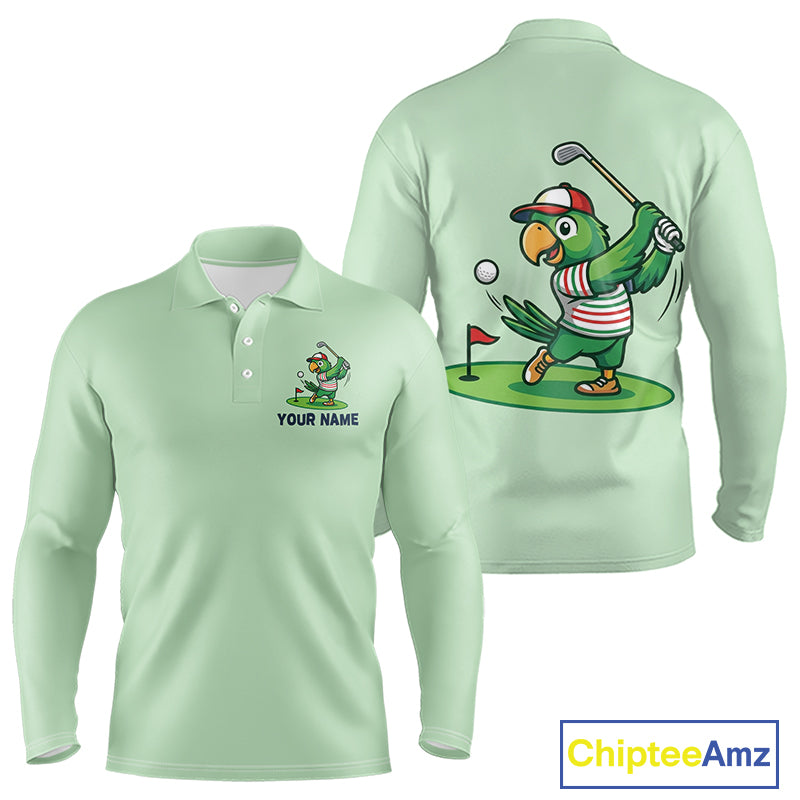 Personalized Mens Golf Polo Shirt Custom Name Funny Green Parrot Design|Green 