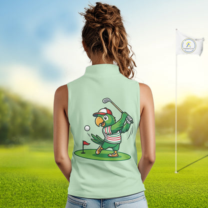 Personalized Womens Sleeveless Golf Polo Shirt Custom Name Funny Green Parrot Design|Green