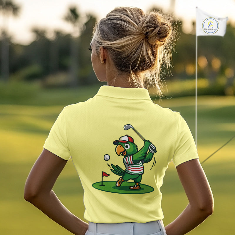 Personalized Womens Golf Polo Shirt Custom Name Funny Green Parrot Design|Yellow 