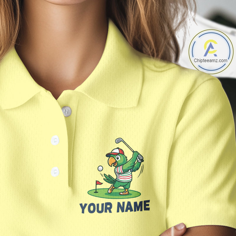 Personalized Womens Golf Polo Shirt Custom Name Funny Green Parrot Design|Yellow NHT1094