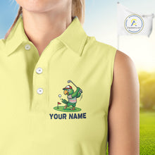 Load image into Gallery viewer, Personalized Womens Sleeveless Golf Polo Shirt Custom Name Funny Green Parrot Design|Yellow