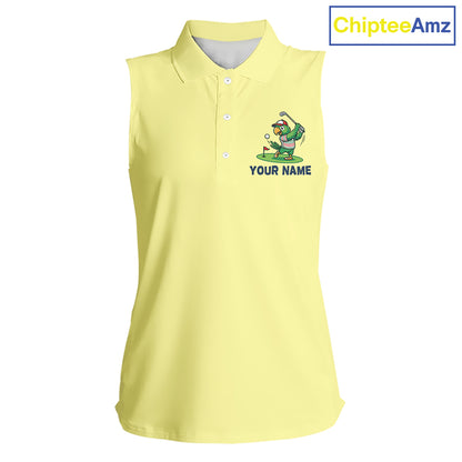 Personalized Womens Sleeveless Golf Polo Shirt Custom Name Funny Green Parrot Design|Yellow