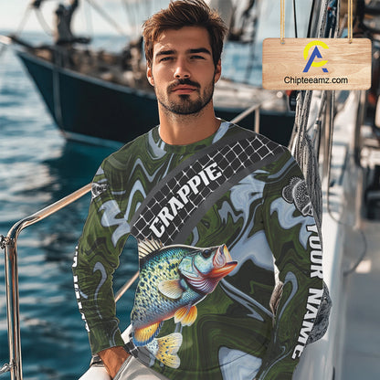 Crappie Fishing Shirts Long Sleeve Abstract Green Camo Performance Jersey For Men NHT924