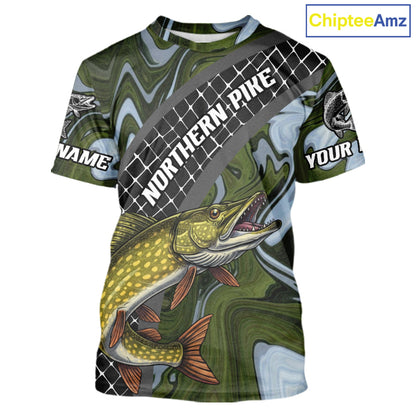 Northern Pike Short Sleeve Fishing T-Shirt Abstract Green Camo Performance Jersey For Men NHT925