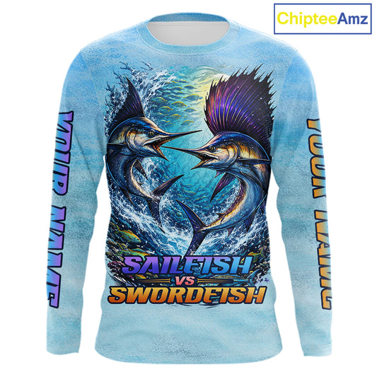 Personalized Sailfish Vs Swordfish Fishing Saltwater Long Sleeve Fishing Shirts NHT419