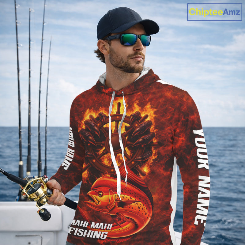 Red Mahi Mahi Fishing Shirts Long Sleeve Hooded, Personalized Men's Fishing Shirt NHT420