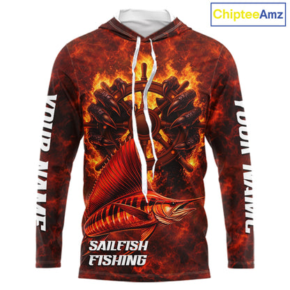 Red Sailfish Fishing Shirts Long Sleeve Hooded, Personalized Men's Fishing Shirt NHT421